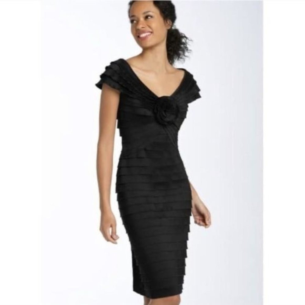Juliana's Boutique Sheath Midi Dress Womens 8 Black Pleated Rose Stretch Cocktai